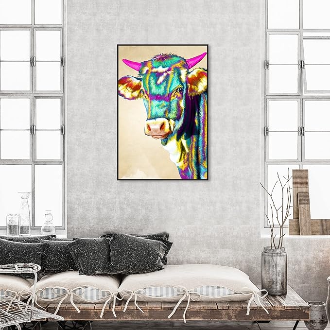 Country Farmhouse Canvas Print Painting Animal Wall Art 'Fun Colorful Glam Farm Cow' Black Framed Canvas Rustic Home Décor 30x45 in Green, Pink by Oliver Gal