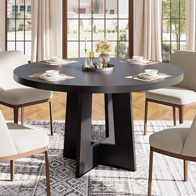 IDEALHOUSE 47" Round Dining Table, Kitchen Table for 4-6 People, Circle Tables with Sturdy Pedestal Base, Space Saving Dinning Room Furniture for Living Room, Kitchen, Black