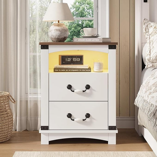 Maupvit Farmhouse Night Stand with Charger Station & Ceramic Handle, Wood Nightstand with 2 Storage Drawers, LED Bedroom Nightstand, Bedside Tables, Antique White