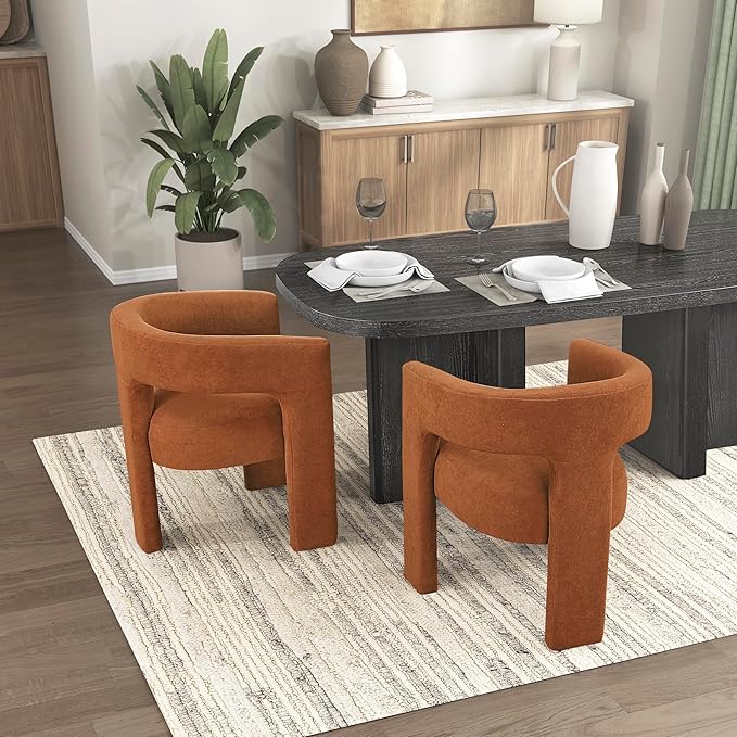Lexicon Modern Boucle Upholstered Dining Chairs Set of 2, Curved Backrest Accent Chair with Plywood Frame and Plush Seat, for Dining Room, Home Office, No Assembly Required, Orange