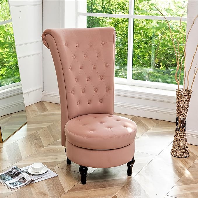 Royal High-Back Velvet Accent Chair for Vanity with Storage and Luxurious Upholstery, Retro Design and Versatile Usage for Living Room, Bedroom, Lounge and Office, Rose