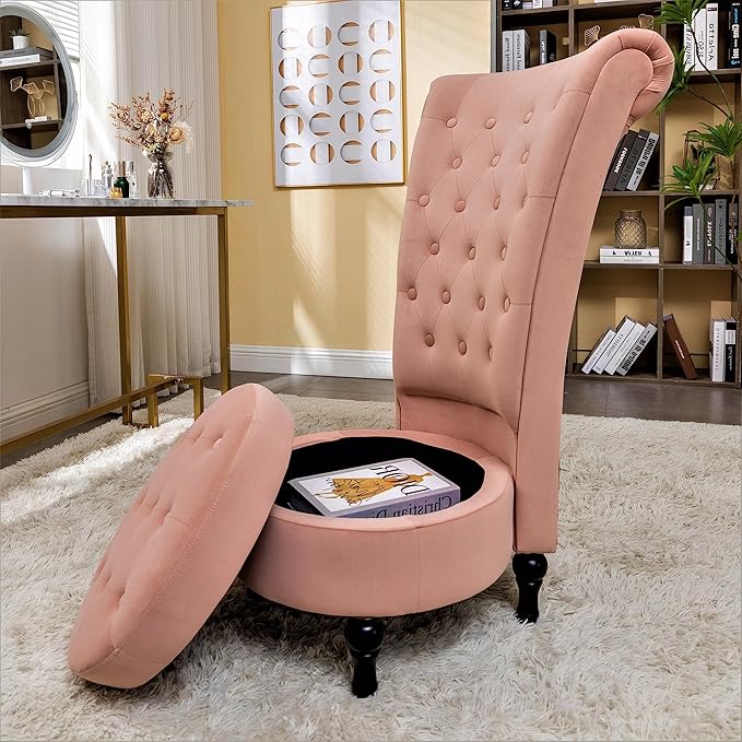 Royal High-Back Velvet Accent Chair for Vanity with Storage and Luxurious Upholstery, Retro Design and Versatile Usage for Living Room, Bedroom, Lounge and Office, Rose