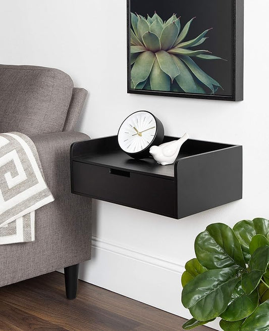Kate and Laurel Kitt Modern Floating Wall Shelf Side Table with Drawer, 18" x 12" x 6.5", Black