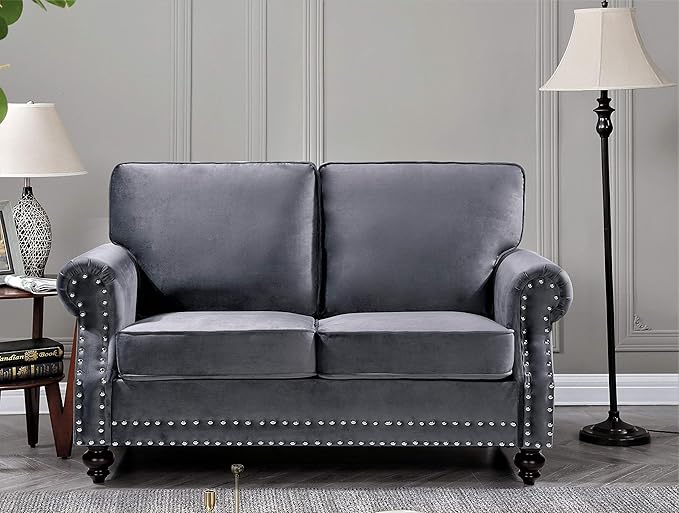 Container Furniture Direct Lotus Mid Century Modern Velvet Upholstered Living Room Rolled Arms, Sofa and Loveseat, Grey