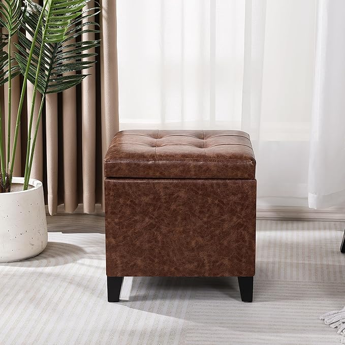 Adeco 18" Faux Leather Storage Ottoman with Hinged Lid, Mid-Century Modern Foot Rest Stool with Solid Wood Legs, Small Coffee Table & Shoe Bench for Living Room, Bedroom, Brown