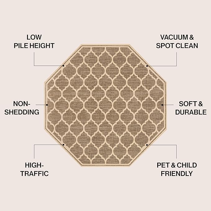 JONATHAN Y Moroccan Trellis Indoor Outdoor Octagon Area Rug 8 Ft Brown/Beige, Trebol Textured Weave for Backyard, Patio, Porch, Easy-Cleaning, High Traffic, Pet-Friendly, Non-Shedding (SMB109A-8TGN)