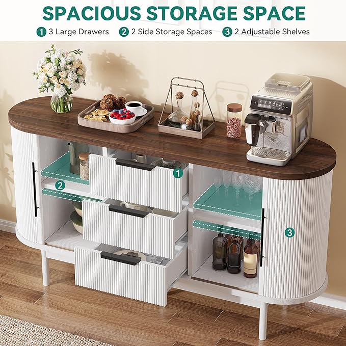 YITAHOME 55'' Fluted Buffet Cabinet with 3 Large Drawers, Fluted Sideboard Buffet Storage Cabinet with Adjustable Shelf & Sliding Door, Modern Coffee Bar for Kitchen, Entryway, White & Brown
