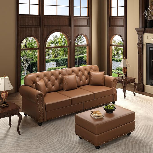 KEIKI 83" Faux Leather Chesterfield Sofa with Rolled Arms & Nailhead Trim & 1 Ottoman, 3-Seater Button Tufted Couch with High Resilience Cushion & 3 Pillow, Easy Assembly, for Living Room, Brown