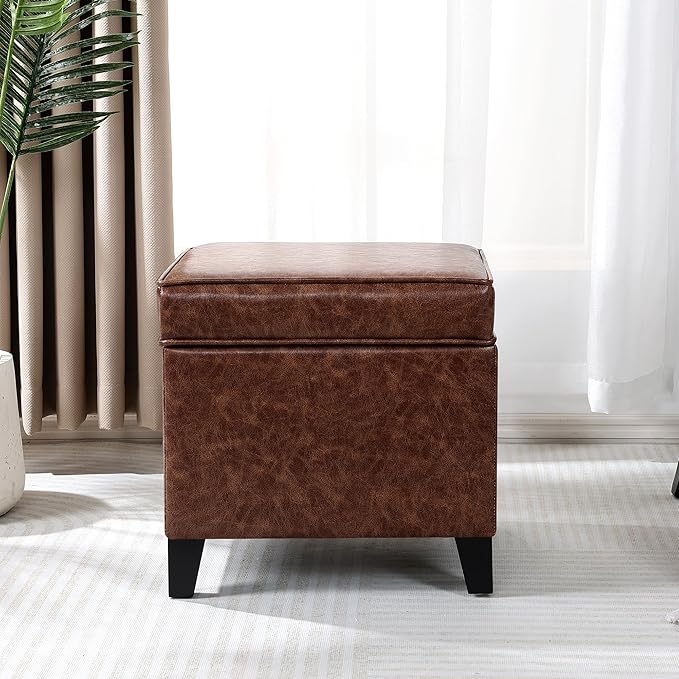Adeco 17-inch Tufted Faux Leather Storage Ottoman, Square Footrest Stool with Hinged Lid and Solid Wood Legs, Small Accent Foot Stool for Living Room & Bedroom, Dark Brown