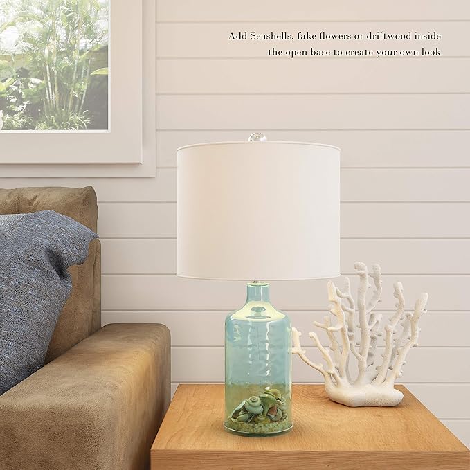 Table Lamp - Clear Glass Lamp with Open Base, LED Bulb, and Shade - Decorative Lighting for Coastal, Nautical, or Cottage Decor by Lavish Home (Blue)