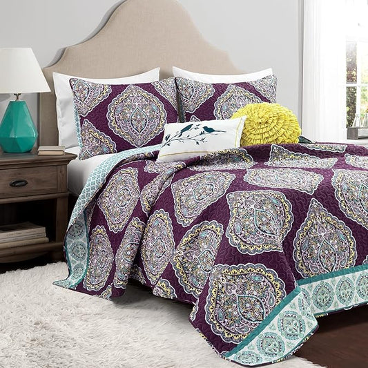 Lush Decor Harley Reversible King Queen Size 5 Piece Set Purple & Turquoise - Boho Bedding Set King Quilt - Purple Quilts - Boho Bedroom Decor