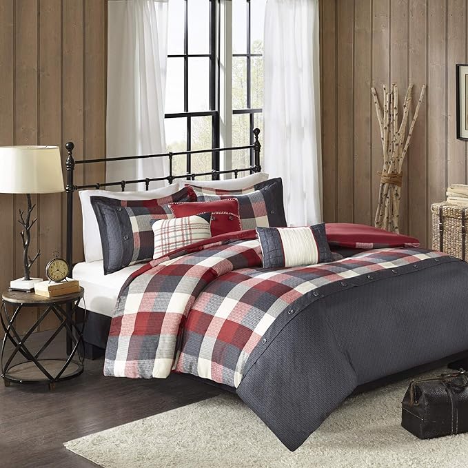 Madison Park Ridge Comforter Set - Cabin Lodge Plaid Herringbone Design, All Season Down Alternative Cozy Bedding with Matching Bedskirt, Shams, Decorative Pillow, Red Cal King(104"x92") 7 Piece