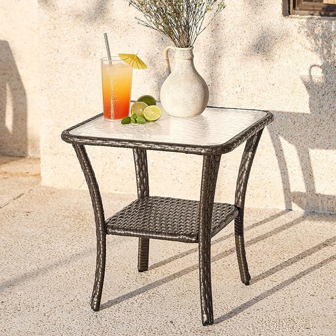 Tribesigns Outdoor Wicker Furniture Set, Patio Wicker Side Table with Tempered Glass Top
