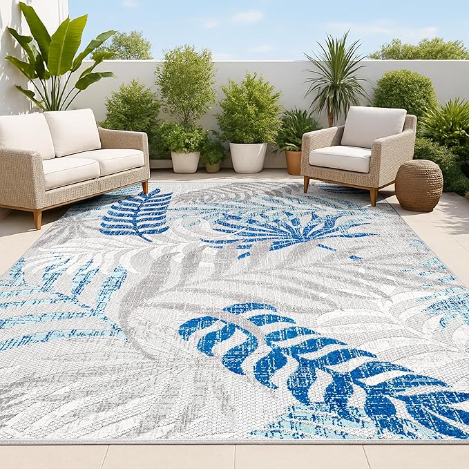 JONATHAN Y Tropics Palm Leaves Indoor Outdoor Area Rug 5X8 Gray/Blue, Boho for Backyard, Patio, Porch, Easy-Cleaning, High Traffic, Pet-Friendly, Non-Shedding (AMC100A-5)