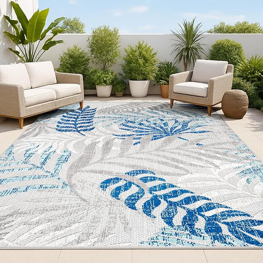 JONATHAN Y Tropics Palm Leaves Indoor Outdoor Area Rug 5X8 Gray/Blue, Boho for Backyard, Patio, Porch, Easy-Cleaning, High Traffic, Pet-Friendly, Non-Shedding (AMC100A-5)