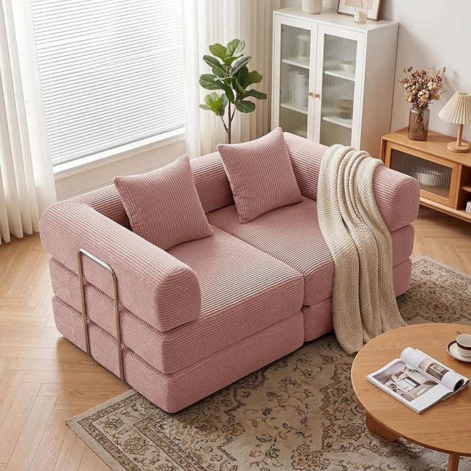 Convertible Compressed Corduroy Folding Cloud Sofa Bed, 59'' Modern Boneless Pull Out Loveseat Sleeper in a Box, 5 in 1 Floor Mattress Futon Cloud Couch, No Assembly Needed, Pink, 2 Pillows, Queen