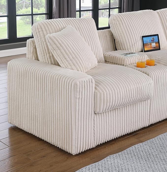 Ball & Cast 157" Oversized Modular Sectional Sofa L-Shaped,Large Corduroy Upholstered Couch 8 Seat with Ottoman,Cup Holders & USB Ports,Comfty Sectionals W/Pillows & Storage Box,for Living Room,Beige
