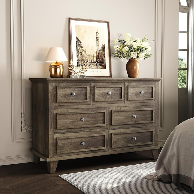 IDEALHOUSE 7 Drawer Dresser, Large Wooden Storage Chest of Drawers with Exquisite Metal Handles, 47" Wide Dresser TV Stand, Drawer Organizer for Bedroom, Living Room, Hallway, Entryway, Grey