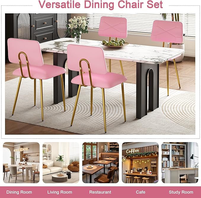 VECELO Dining Chairs Set of 2, Modern Upholstered Kitchen Chairs with Faux Leather Cushion Seat & Metal Legs for Kitchen, Living Room, Tufted Backrest Design, Pink