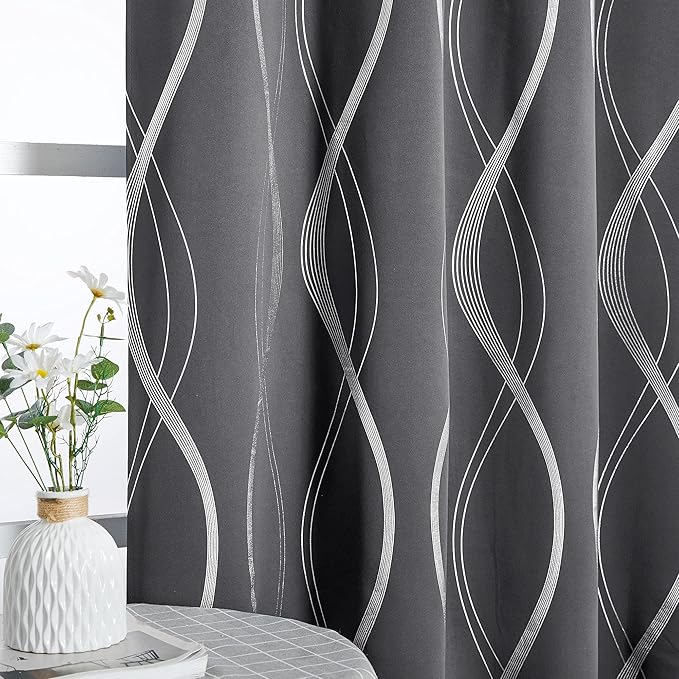 NICETOWN Blackout Short Curtains Panels for Bedroom, Microfiber Noise Reducing Thermal Insulated Wave Line Foil Print Design Blackout Curtains for Office, Classroom (2 Panels, 52 x 54 Inch, Gray)