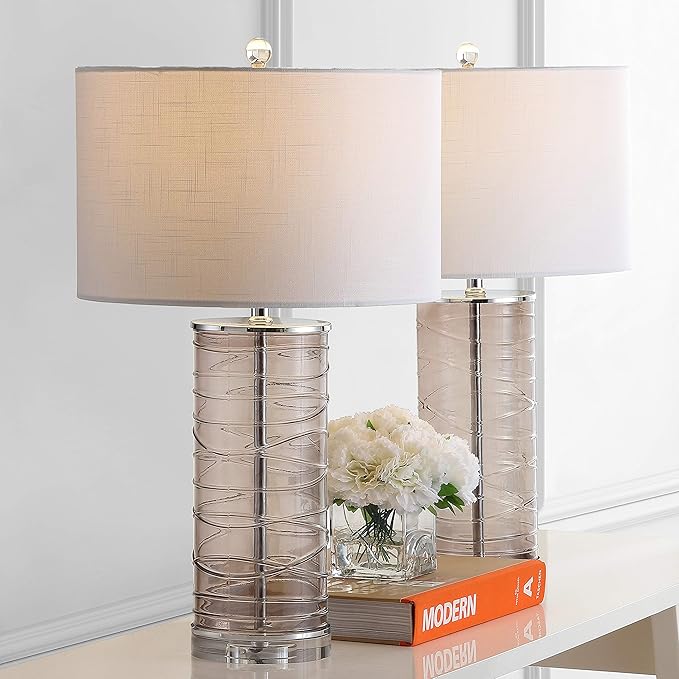 JONATHAN Y 27.5" Smoky Gray Modern Fused Glass Table Lamp Set of 2 for Bedroom Living Room, Coastal Nightstand Bedside Lamp with White Linen Shade, LED Bulbs Included (JYL4016C-SET2)
