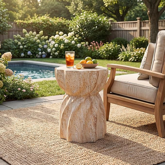 Christopher Knight Home Claire Outdoor Side Table with A Sunburst Tabletop and Hourglass Shape, Small Accent Table for Patio Balcony, Living Room End Table, Modern Backyard Furniture, Beige+Natural