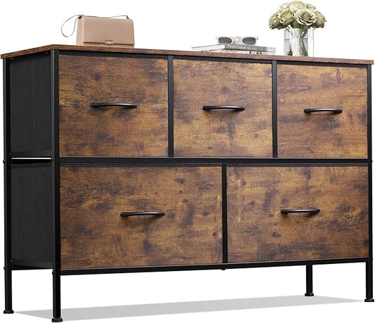 WLIVE Dresser for Bedroom with 5 Drawers, Long Fabric Dresser, Storage Drawer Unit with Fabric Bins for Closet, Hallway, Rustic Brown Wood Grain Print, Size L