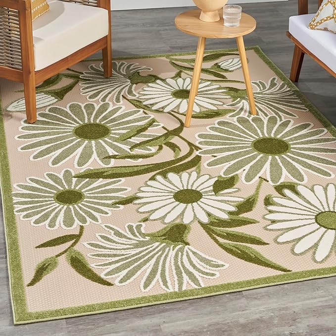 Nourison Home Aloha Ivory Green 5'3" x 7'5" Area Rug - Easy Clean, Non Shedding, Bed Room, Living Room, Dining Room, Kitchen (5' x 8')