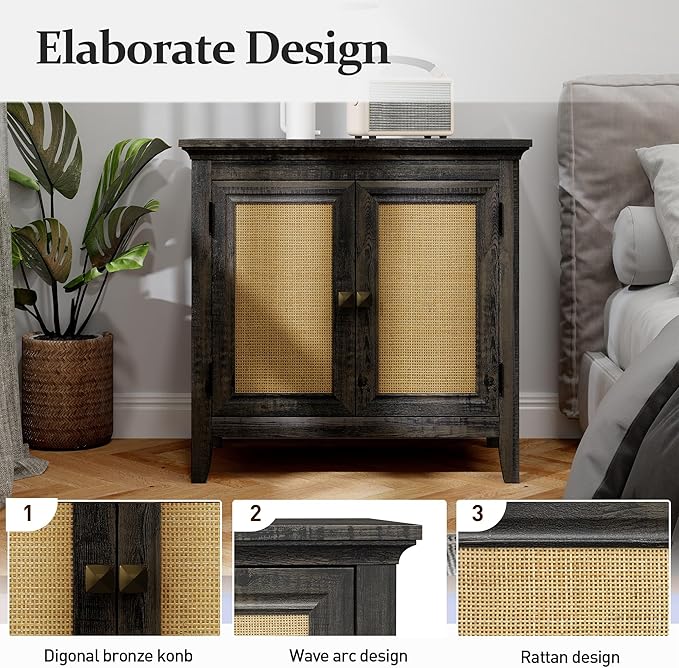 Rattan Sideboard, Kitchen Sideboard Cabinet with Adjustable Storage Shelf, Accent Buffet Cabinet with Rattan Doors, Wood Cabinet Organizer for Dining Room, Hallway, Living Room, Coffee