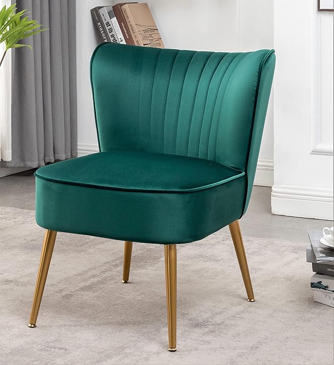 Modern Velvet Accent Chair for Living Room, Bedroom, or Entryway, Stylish and Comfortable Armless Design with Metal Legs, Green