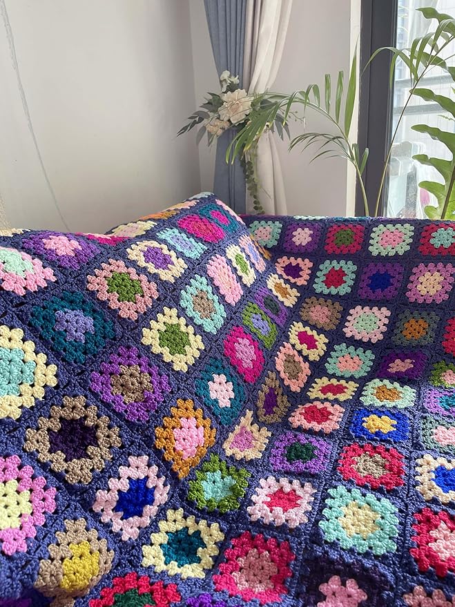 RISEON Handmade Granny Square Crochet Throw Blanket Sweater Style Mat, crochet quilt, multicolor Boho Travel Accent Decor Throw for Sofa Comforter Couch Bed Recliner Living Room Bedroom (Dark blue)