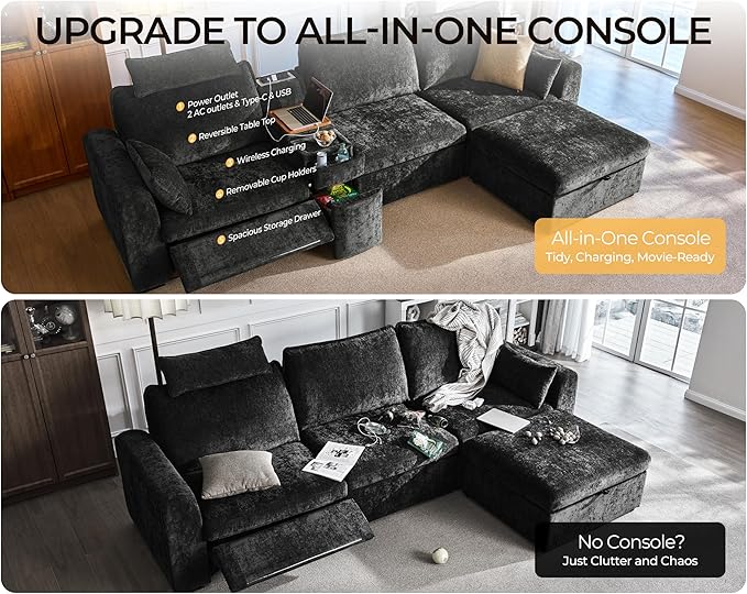 Oversized Modular Power Recliner Sofa Wall Hugger, Cloud Reclining Couch with Headrest, Storage Ottoman, Drawer Charging Cup Holder, Deep L-Shaped 6 Seater with Dual Electric Recliner, Chenille, Black