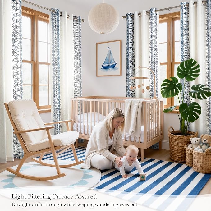 NICETOWN Navy Blue and Cream Boho Curtains 102" Long, Embroidered Linen Textured Floor to Ceiling Drapes with Antique Bronze Grommets, Light Filtering Window Treatment for Living Room, 2 Panels