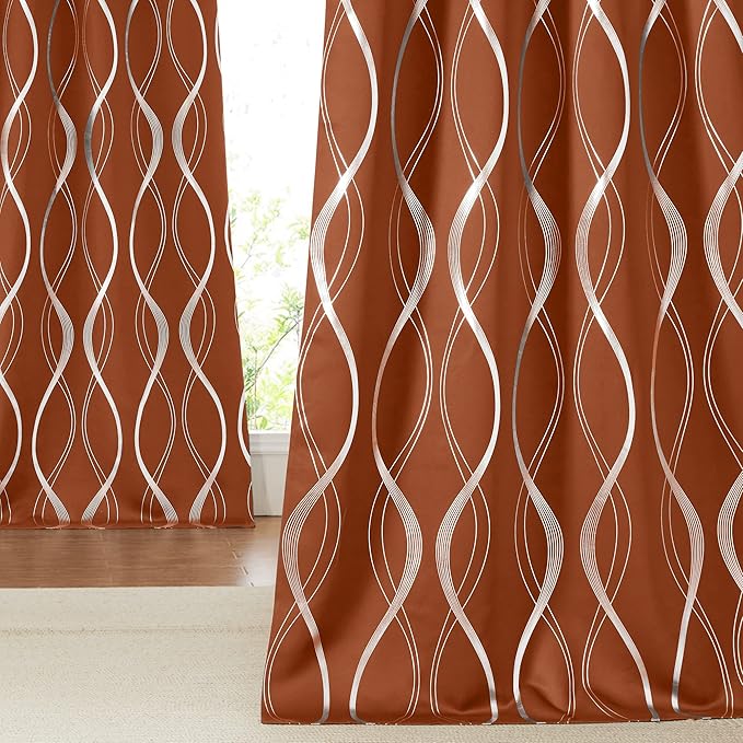 NICETOWN Fall Burnt Orange Blackout Curtain Panels for Living Room, W52 x L72 inch, Soundproof Heat Blocking Wave Line Foil Print Design Window Treatments for Small Cafe, 2 Panels