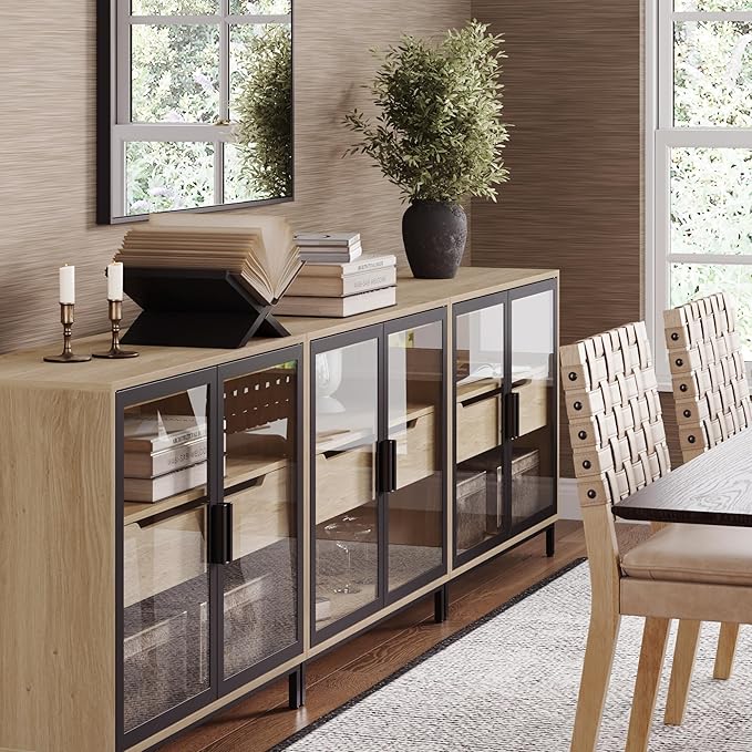 Nathan James Mackenna Metal and Glass Sideboard Accent Cabinet with Two Doors, Oak Credenza for Kitchen or Living Room Set of 3