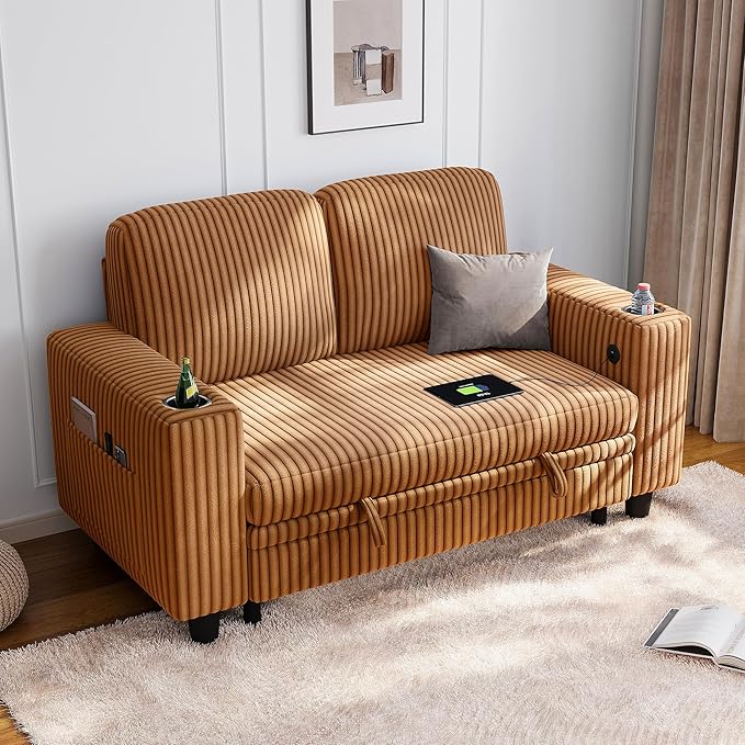 LINSY HOME Loveseat Sofa with Storage - Comfy Plush Corduroy 2 Seater Sofa with USB Charging & Cup Holders, Deep Seat Love Seat for Small Spaces Living Room Bedroom Apartment, Brown
