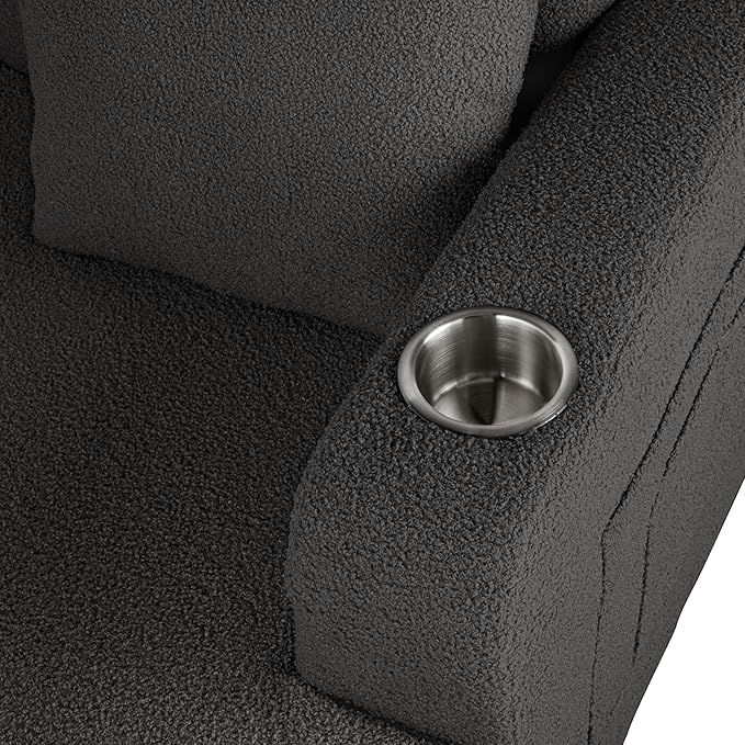 Homes: Inside + Out Reese Modern Plush Boucle Comfortable Loveseat with Side Pockets, Cup Holders and Pillows, Wooden Soft Couch for Living Room, Bedroom and Office, Dark Grey