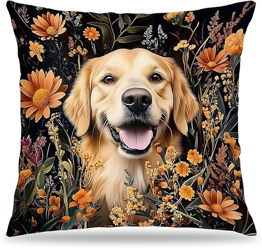 William Morris Inspired-Vintage Floral Golden Retriever Pillow Covers 18x18,Golden Retriever Gifts for Women, Dark Cottagecore Botanical Dog Decorative Pillow Covers for Home Living Room Bedroom