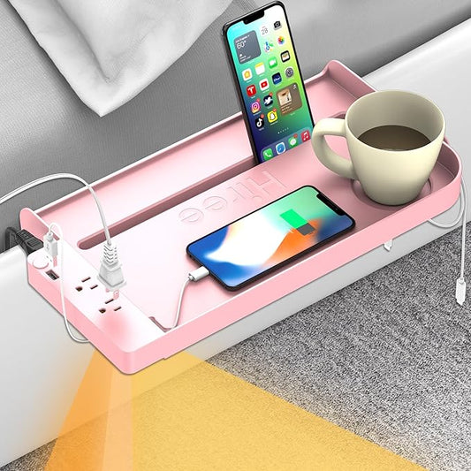 Bedside Shelf for Dorm Bunk Bed with USB Charging Port and 2 AC Outlets, Bed Side Table Tray Organizer, College Dorm Essential Clip On Bedside Tray, Loft Nightstand Decor, Plus Size, Pink