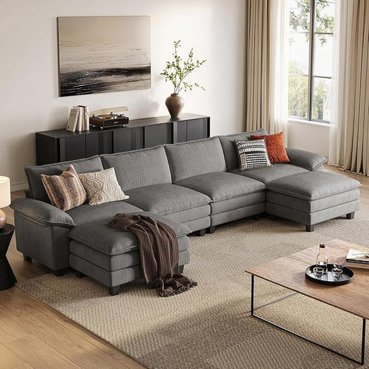 LINSY HOME 157'' Modular Sectional Sofa Grey Couch Corduroy Cloud Couches for Living Room, U Shaped Couch with Movable Ottoman, Modern Cloud Sectional Sofas for Bedroom and Apartment, Grey