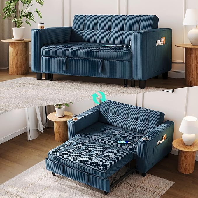 LINSY Sleeper Sofa Bed, 54" Pull Out Couch with Charging Station & Cup Holder, Small 3 in 1 Convertible Loveseat Sleeper Couch for Apartment, Dorm Room, Bedroom and Small Space, Corduroy Blue