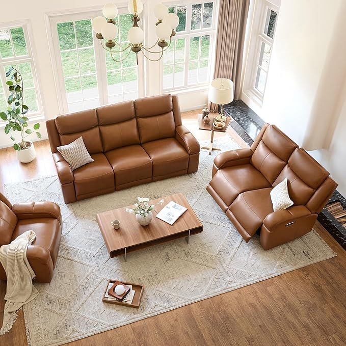 Watson & Whitely Power Reclining Sofa and Loveseat Sets, Genuine Leather Sofa Recliner Couch Set with Power Headrest, Storage Console, USB Ports, Cup Holders, Living Room Furniture Set, Saddle Brown