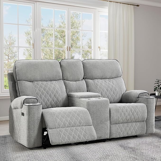 EBELLO Power Reclining Sofa Couch, Fabric Electric Recliner Loveseat Sofa with Cup Holders, USB Type-C Charging Ports and Storage Space, 2 Seats for Small Living Room, Bedroom and Meeting Room, Grey