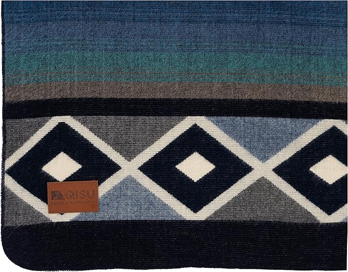 QISU Wool Blanket Throw | Large, Beautiful, Warm, Soft, Handmade in Ecuador by Local Artisans |94″ x 78″| Ultra-Soft, Hypoallergenic & Breathable | Non-Itchy or Scratchy Fabric (Blue Pyramid)