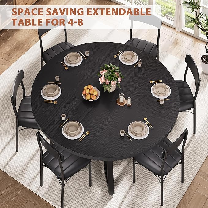 Round Dining Table Kitchen Dining Room Dinner Table for 4-6, Space Saving Extendable Oval Circle Furniture with Pedestal Base and Storage Shelf for Kitchen Living Room (Black, for 6-8)