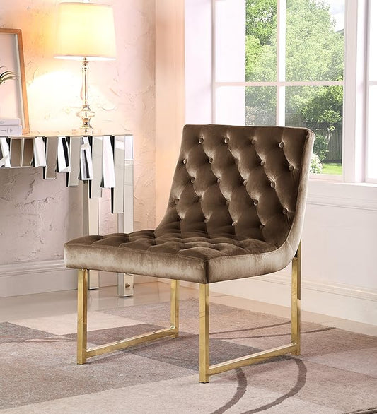 Iconic Home Moriah Accent Chair Sleek Elegant Tufted Velvet Upholstery Plush Cushion Brass Finished Polished Metal Frame, Contemporary Modern, Taupe