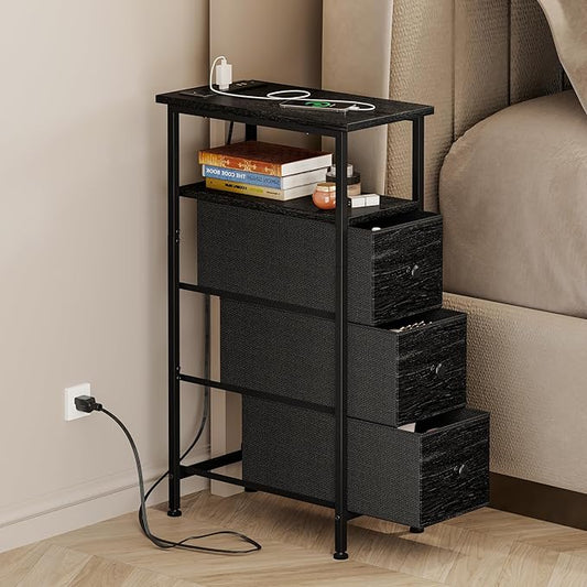 Fixwal Narrow Dresser with Charging Station, Tall Skinny Nightstand with 3 Fabric Drawers, Dorm Silm Bedside Table for Small Spaces Bathroom, Bedroom, Laundry (Charcoal Black)