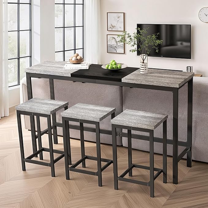 Merax 4 Piece Block-Color Pub Dining Table Set,Modern Bar Table Set with 60.24 Long Dining Table w/Hanging Stool Design and 3 Stools,for Breakfast Nook Living Room Small Space Restaurant,Grey+Black