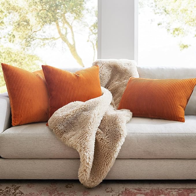 YCOLL Burnt Orange Pillow Covers 24x24 Set of 2 Velvet Striped Pattern - Soft Throw Pillows for Home Decor, Luxury Decorative Pillow Covers for Couch, Bed,Living Room