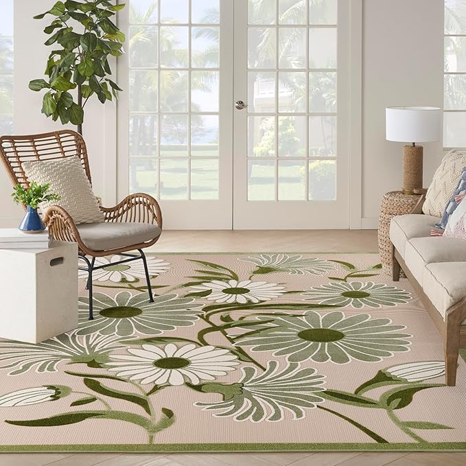 Nourison Home Aloha Ivory Green 10' x 14' Area Rug - Easy Clean, Non Shedding, Bed Room, Living Room, Dining Room, Kitchen (10' x 14')